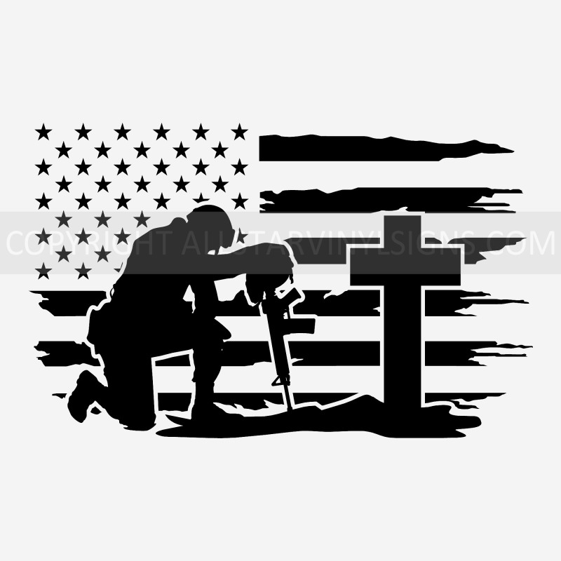 Kneeling Soldier Cross American Flag